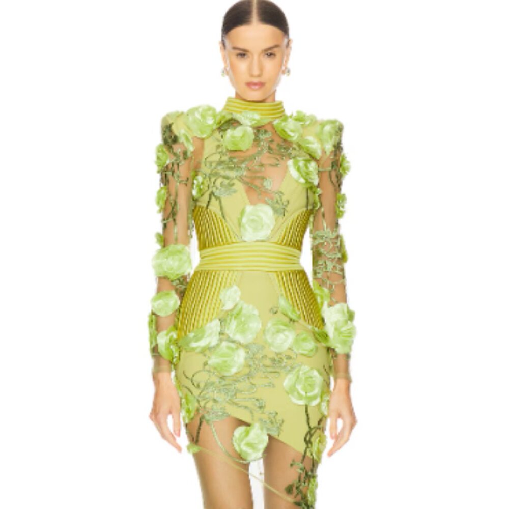 Zhivago Lime Green 3D Floral Appliqué Long Sleeve Mini Dress